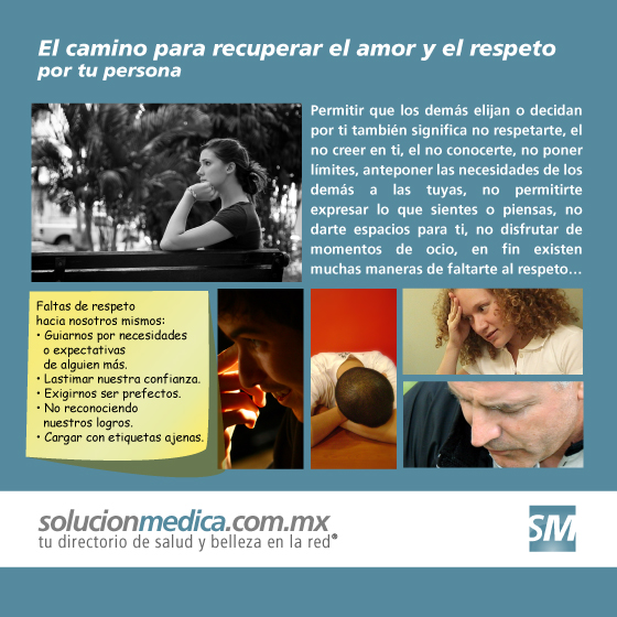 El camino para recuperar el amor y el respeto por tu persona: Si tú ahora te preguntas ¿cuantas de las cosas que haces, realmente las realizas porque así lo quieres o las haces porque debes o tienes que hacerlo? Hacerte esta pregunta te dará la oportunidad de darte cuenta si estás guiandote por tus verdaderas necesidades o por las necesidades o expectativas de alguien más... resultando esto último en una falta de respeto hacia ti mism@.